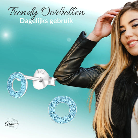 Zilveren open cirkel oorbellen aqua blauw - Aramat Jewels - Oorbellen - cadeautip
