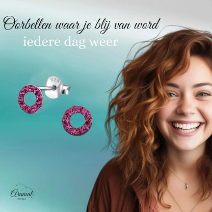 Zilveren open cirkel oorbellen felroze kristal - Aramat Jewels - Oorbellen - cadeautip