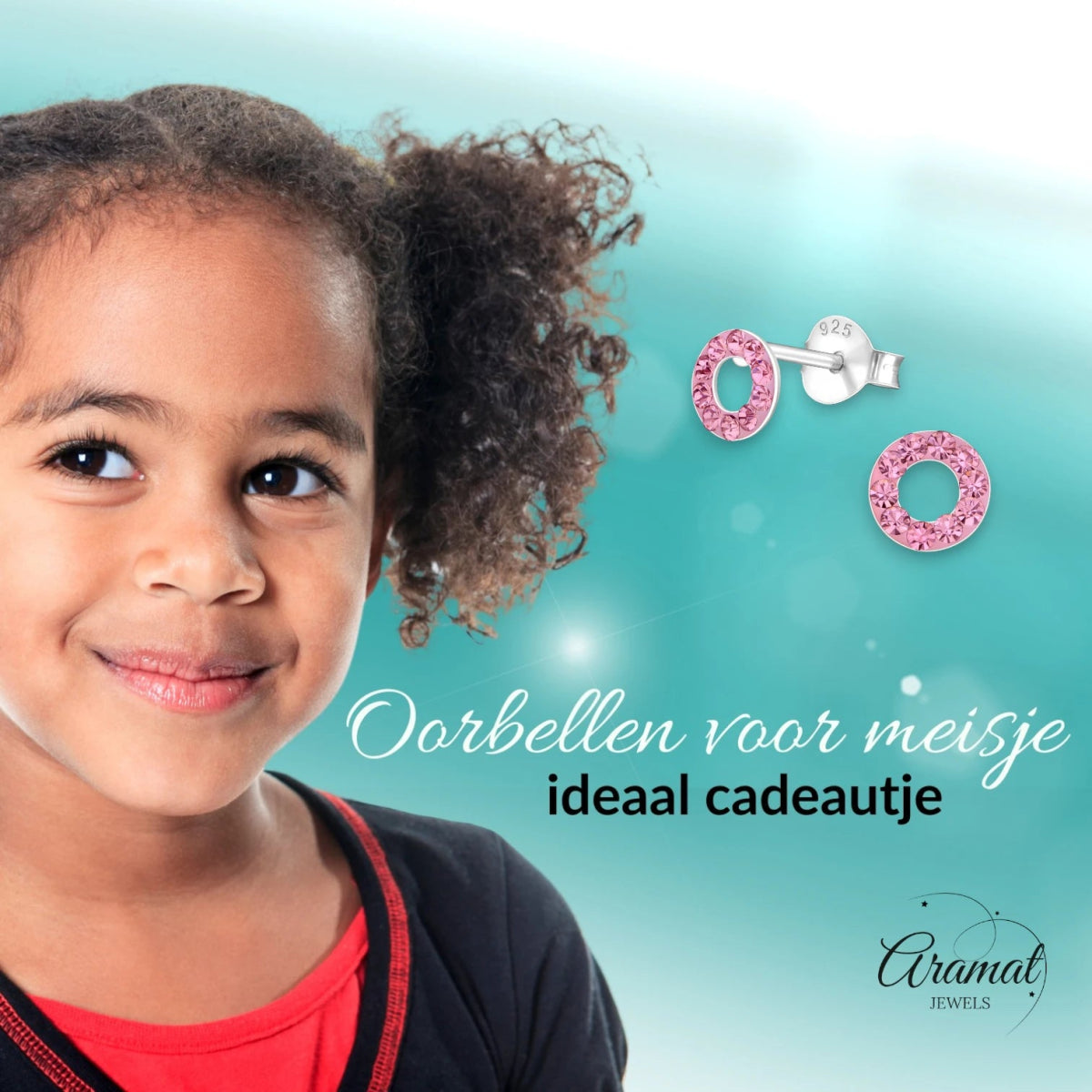 Zilveren open cirkel oorbellen lichtroze kristal - Aramat Jewels - Oorbellen - cadeautip