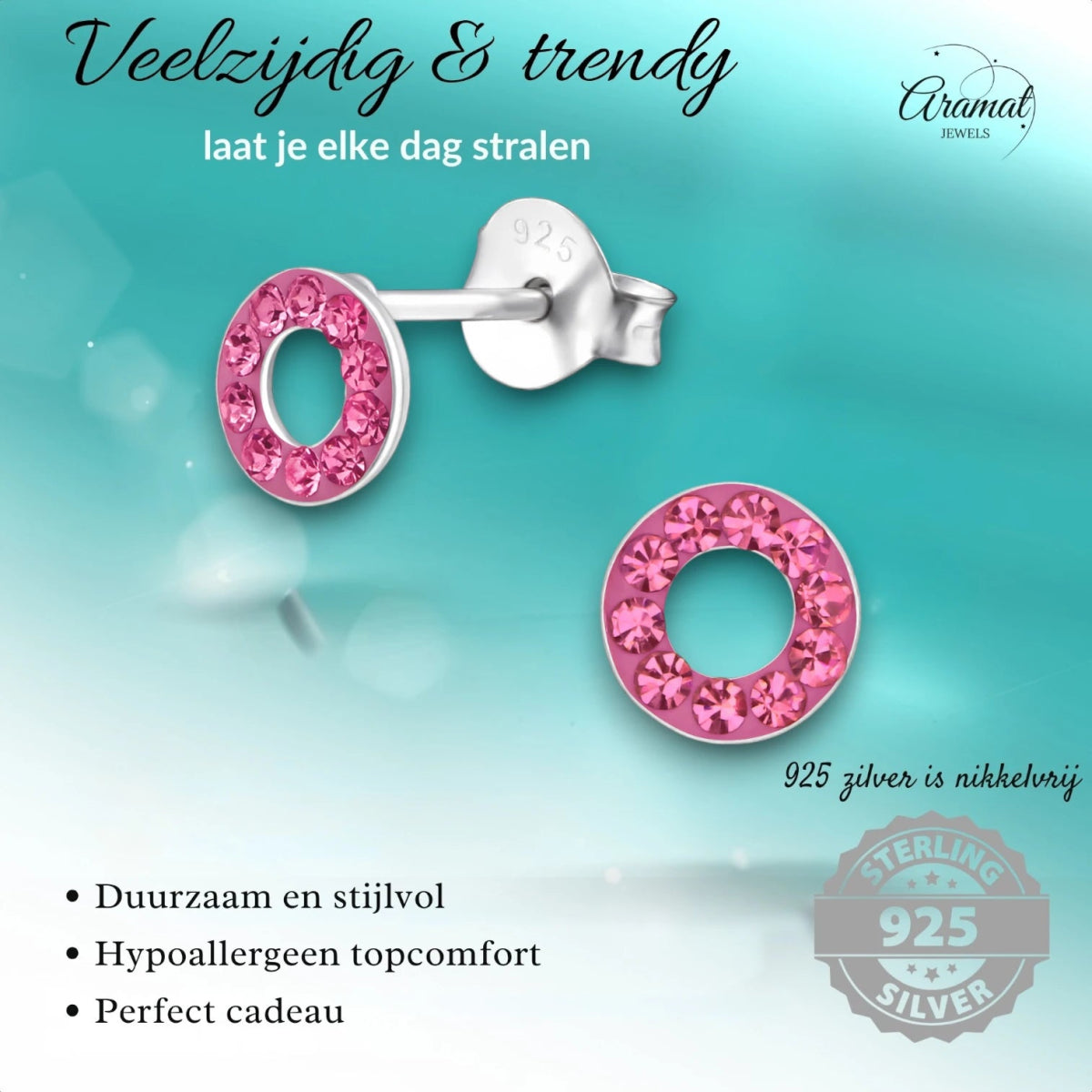 Zilveren open cirkel oorbellen roze kristal - Aramat Jewels - Oorbellen - cadeautip