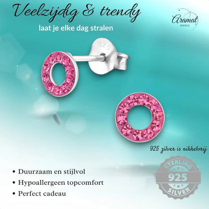 Zilveren open cirkel oorbellen roze kristal - Aramat Jewels - Oorbellen - cadeautip