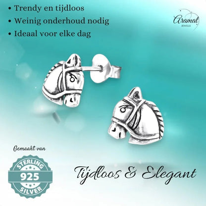 Zilveren oorbellen met paardenhoofd.