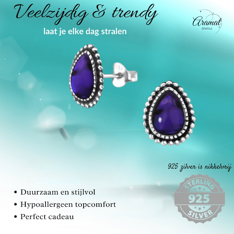 Zilveren Paars Abalone Oorbellen 12x9 mm - oor1819 - 30901 - Oorbellen kopen# - 12mm - 925 Zilver - Abalone