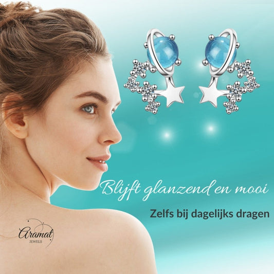 Zilveren Planeet Oorbellen met Blauwe Kristallen - Aramat Jewels - Oorbellen - cadeautip
