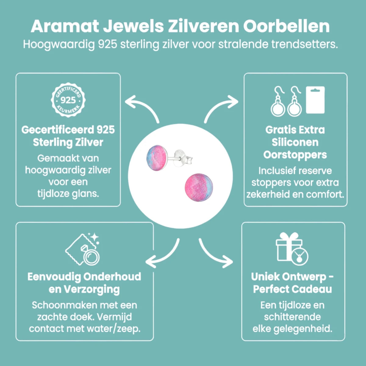 Zilveren Ronde Oorbellen met Blauwe en Roze Kristallen - Aramat Jewels - Oorbellen - cadeautip