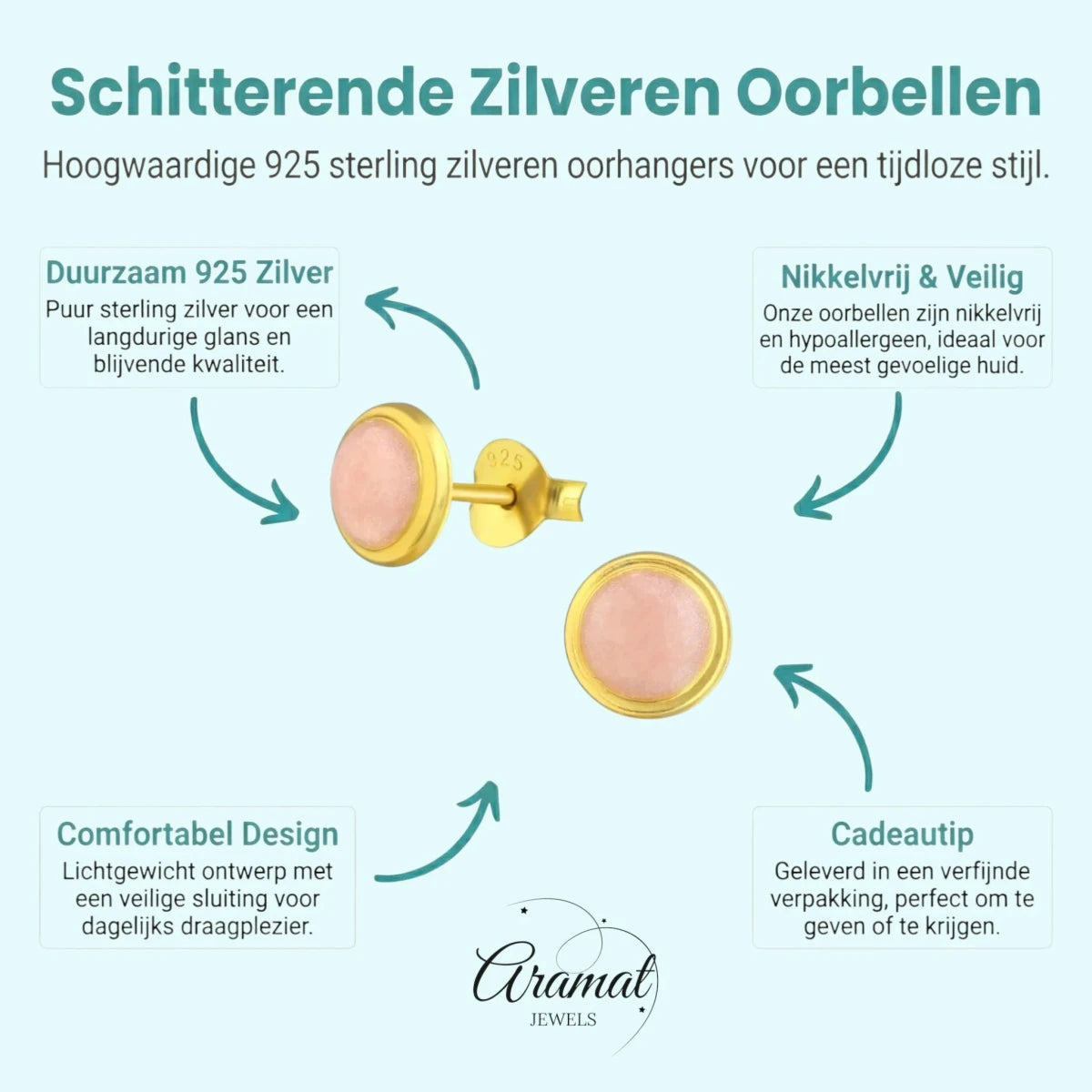 Zilveren Roze Shimmer Oorbellen goudkleur - Aramat Jewels - Oorbellen - cadeautip
