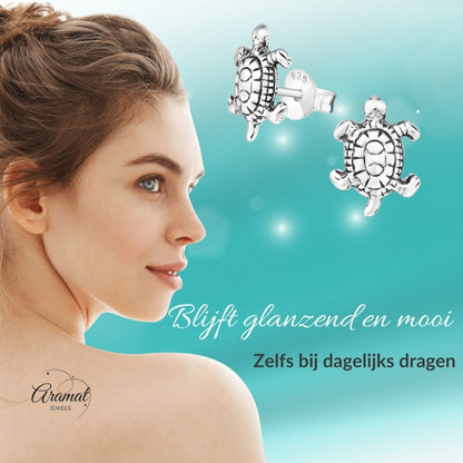 Zilveren Schildpad Oorbellen Geoxideerd - Aramat Jewels - Oorbellen - cadeautip