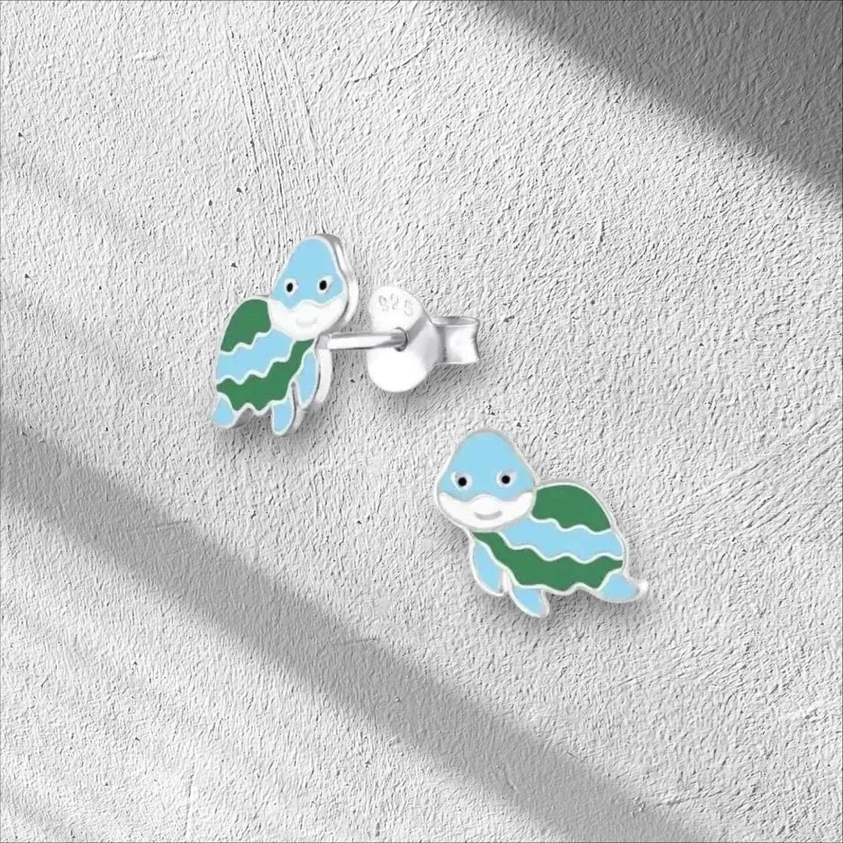 Aramat Jewels silver turtle stud earrings with green and blue enamel for girls.