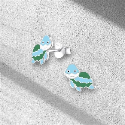 Aramat Jewels silver turtle stud earrings with green and blue enamel for girls.