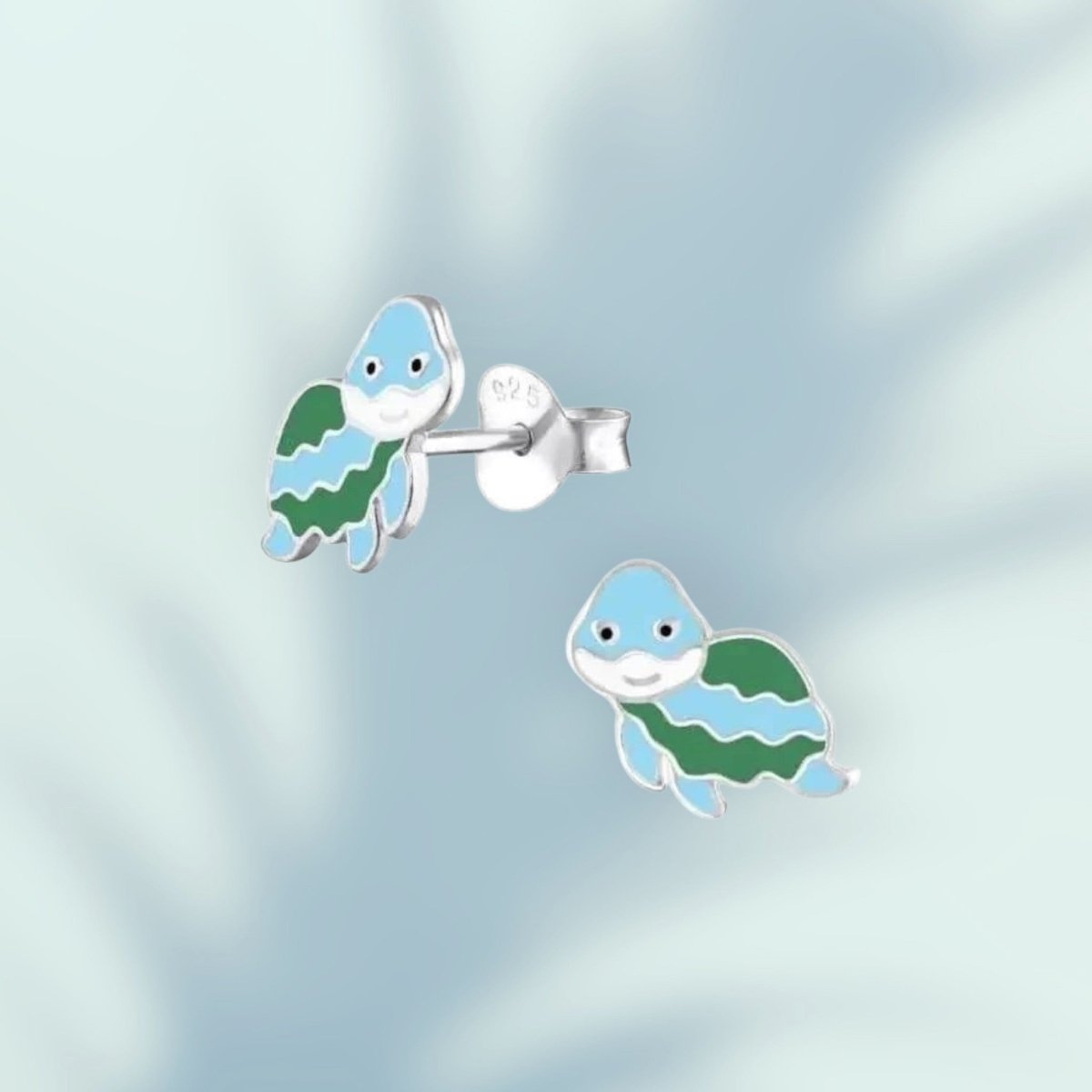 Aramat Jewels silver turtle stud earrings with green and blue enamel, perfect for girls.