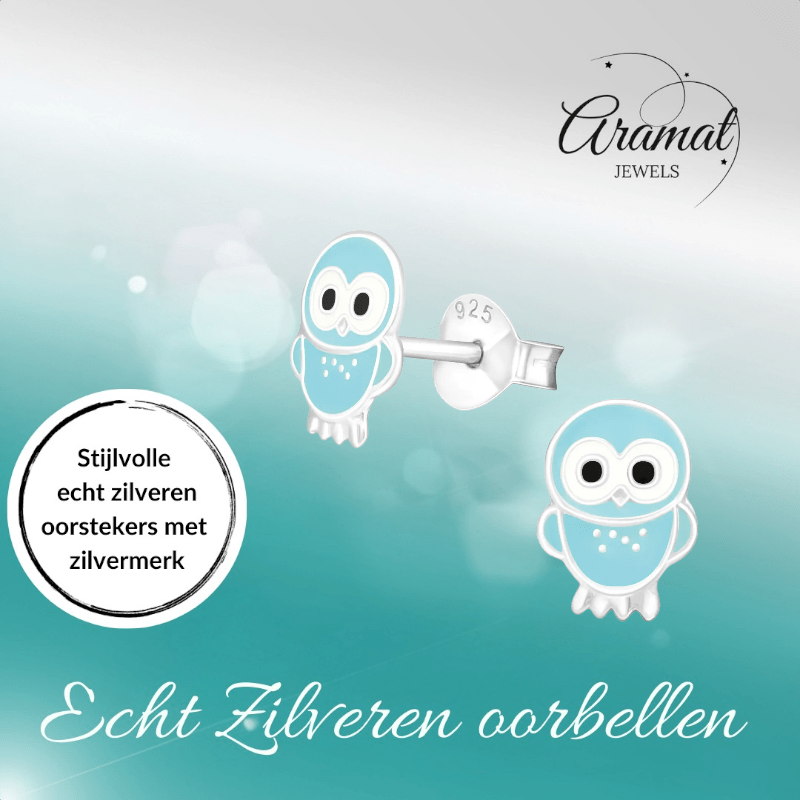 Zilveren Uiltjes Oorbellen Lichtblauw 9x7 mm - oor855 - 18744 - Oorbellen kopen# - 925 Zilver - 9mm - alles