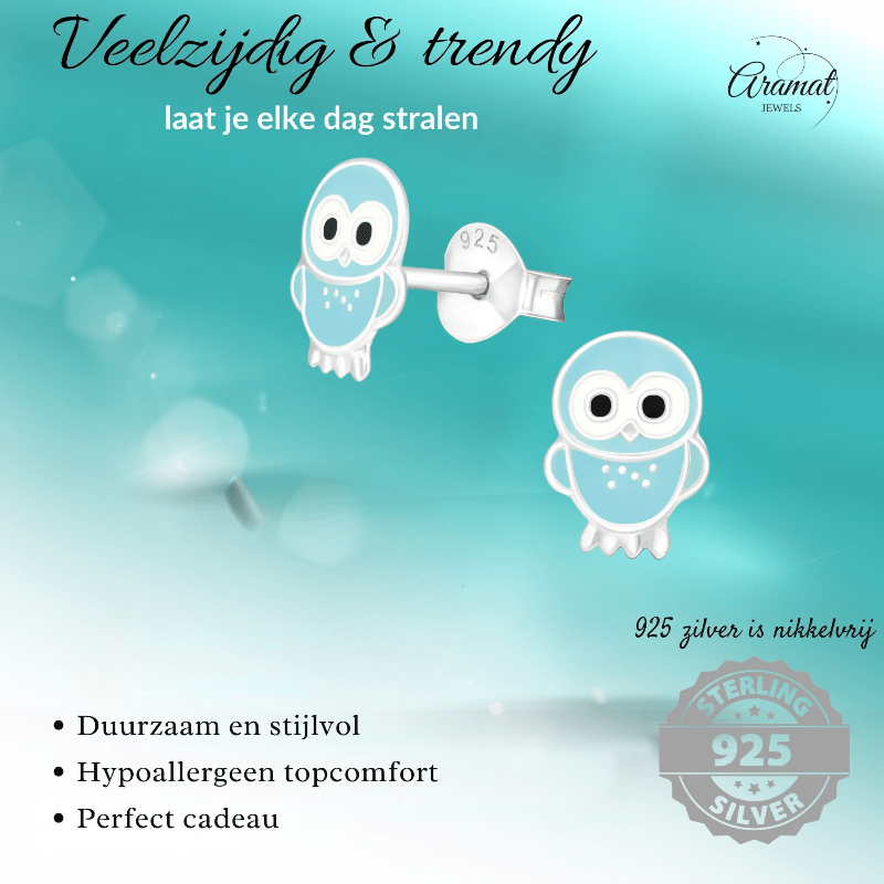 Zilveren Uiltjes Oorbellen Lichtblauw 9x7 mm - oor855 - 18744 - Oorbellen kopen# - 925 Zilver - 9mm - alles