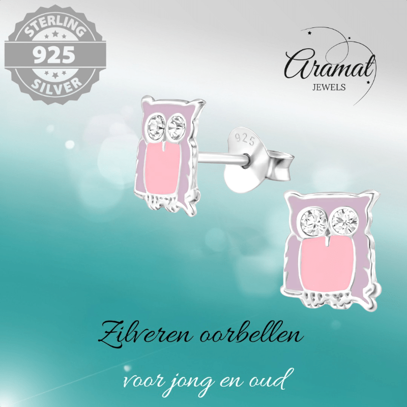 Zilveren Uiltjes Oorbellen – Lila emaille - Kristal - oor699 - 32779 - Oorbellen kopen# - 8mm - 925 Zilver - alles