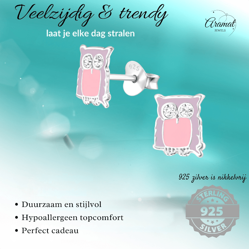 Zilveren Uiltjes Oorbellen – Lila emaille - Kristal - oor699 - 32779 - Oorbellen kopen# - 8mm - 925 Zilver - alles