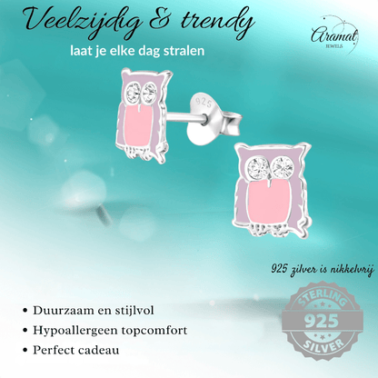 Zilveren Uiltjes Oorbellen – Lila emaille - Kristal - oor699 - 32779 - Oorbellen kopen# - 8mm - 925 Zilver - alles