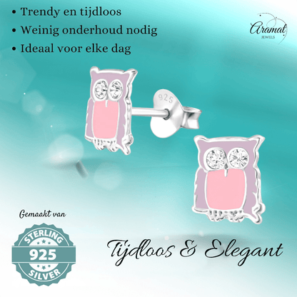 Zilveren Uiltjes Oorbellen – Lila emaille - Kristal - oor699 - 32779 - Oorbellen kopen# - 8mm - 925 Zilver - alles