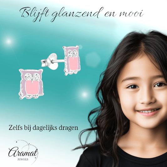Zilveren Uiltjes Oorbellen – Lila emaille - Kristal - oor699 - 32779 - Oorbellen kopen# - 8mm - 925 Zilver - alles