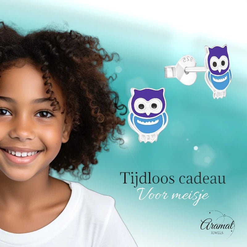 Zilveren Uiltjes Oorbellen Meisje – 925 Zilver – Blauw Emaille – 8x6mm – Dierenoorbellen - oor351 - 18724 - Oorbellen kopen# - 8mm - 925 Zilver - alles