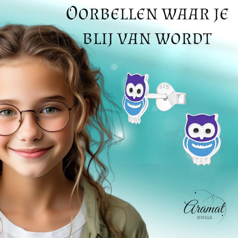 Zilveren Uiltjes Oorbellen Meisje – 925 Zilver – Blauw Emaille – 8x6mm – Dierenoorbellen - oor351 - 18724 - Oorbellen kopen# - 8mm - 925 Zilver - alles