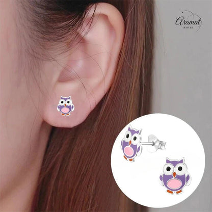 Zilveren Uiltjes Oorbellen Meisje – 925 Zilver – Paars Roze Emaille – 8mm – Kinder Oorstekers - oor895 - 22223 - Oorbellen kopen# - 8mm - 925 Zilver - alles