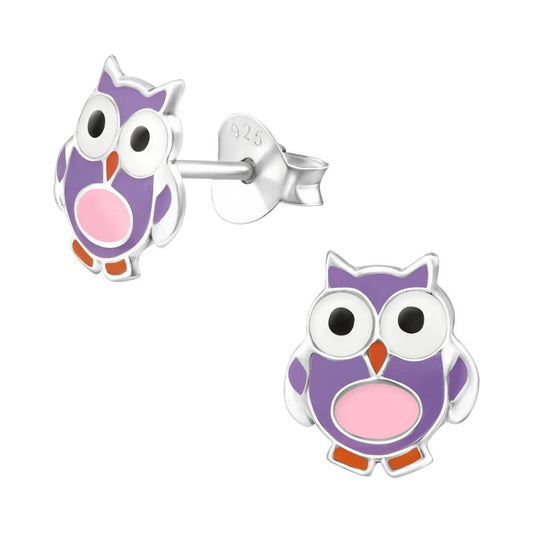 Zilveren Uiltjes Oorbellen Meisje – 925 Zilver – Paars Roze Emaille – 8mm – Kinder Oorstekers - oor895 - 22223 - Oorbellen kopen# - 8mm - 925 Zilver - alles
