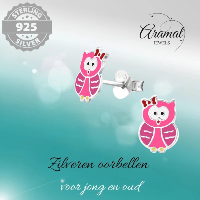 Zilveren Uiltjes Oorbellen Meisje – 925 Zilver – Roze & Donkerroze Emaille – 8x6mm – Kinder Oorstekers - oor885 - 26495 - Oorbellen kopen# - 8mm - 925 Zilver - alles