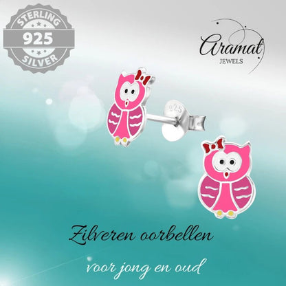 Zilveren Uiltjes Oorbellen Meisje – 925 Zilver – Roze & Donkerroze Emaille – 8x6mm – Kinder Oorstekers - oor885 - 26495 - Oorbellen kopen# - 8mm - 925 Zilver - alles