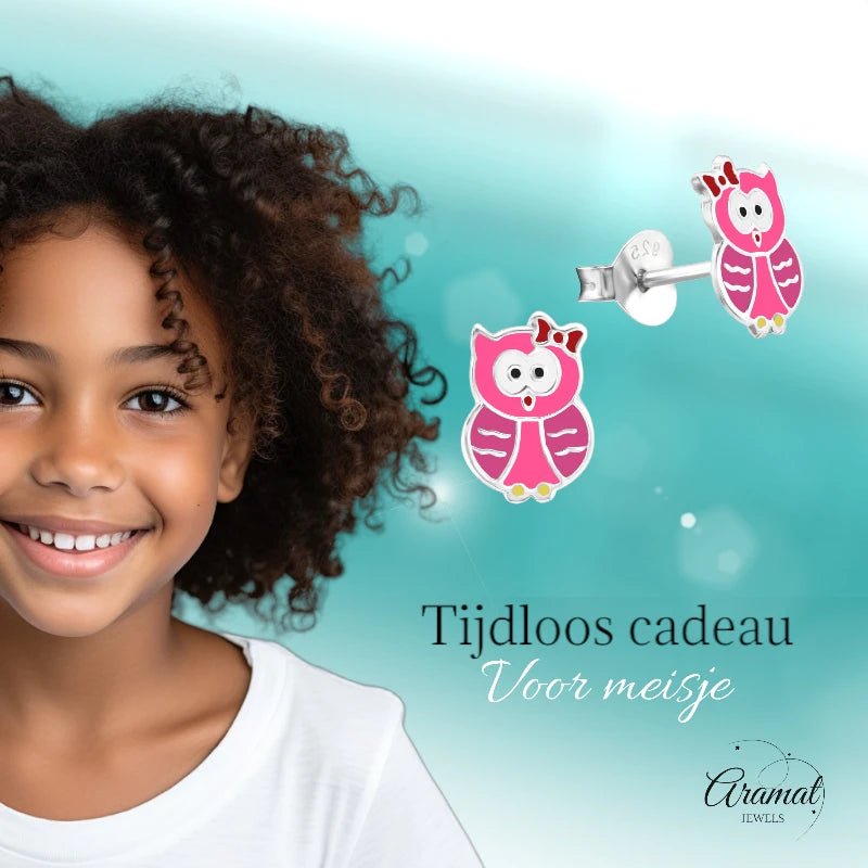 Zilveren Uiltjes Oorbellen Meisje – 925 Zilver – Roze & Donkerroze Emaille – 8x6mm – Kinder Oorstekers - oor885 - 26495 - Oorbellen kopen# - 8mm - 925 Zilver - alles