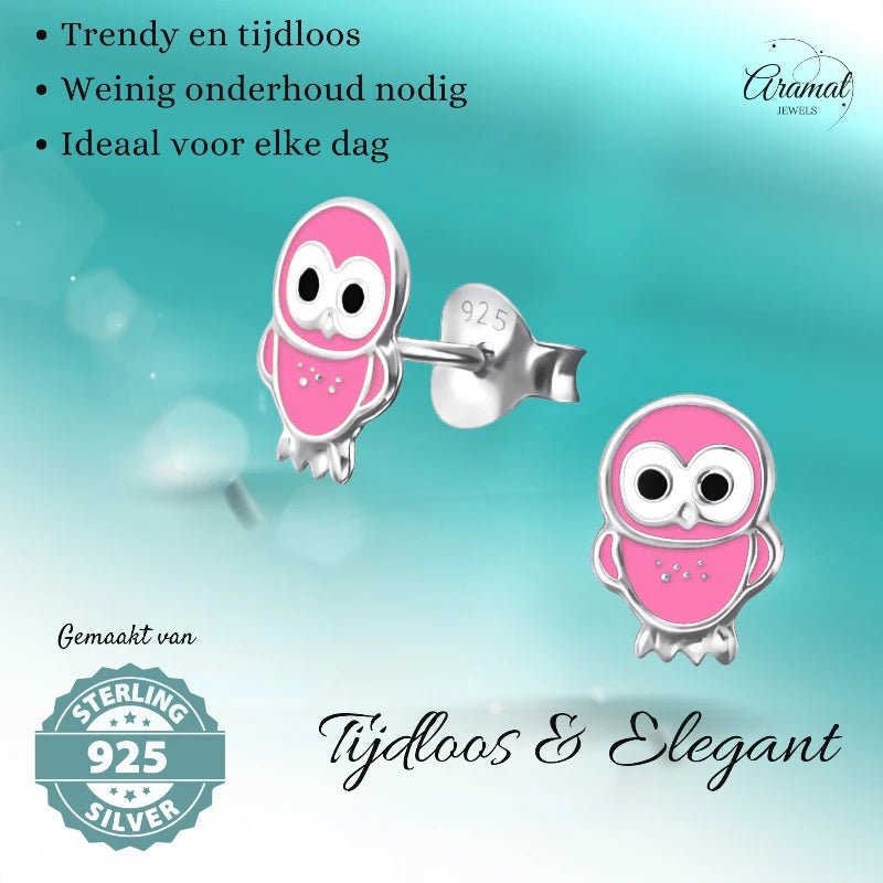 Zilveren Uiltjes Oorbellen Meisje – 925 Zilver – Roze Emaille – 9x6mm – Oorstekers Kind - oor313 - 15956 - Oorbellen kopen# - 925 Zilver - 9mm - alles