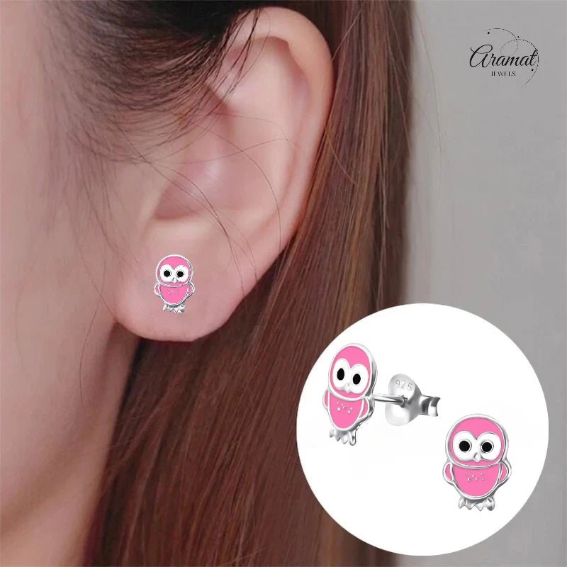 Zilveren Uiltjes Oorbellen Meisje – 925 Zilver – Roze Emaille – 9x6mm – Oorstekers Kind - oor313 - 15956 - Oorbellen kopen# - 925 Zilver - 9mm - alles