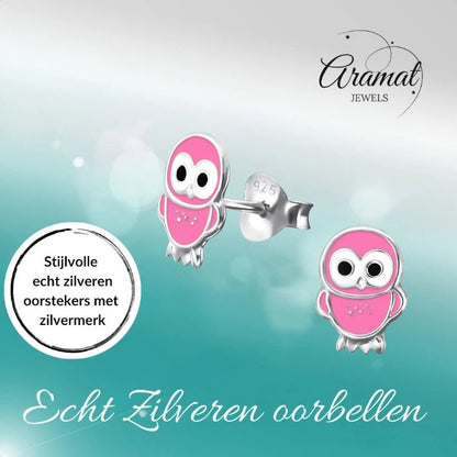 Zilveren Uiltjes Oorbellen Meisje – 925 Zilver – Roze Emaille – 9x6mm – Oorstekers Kind - oor313 - 15956 - Oorbellen kopen# - 925 Zilver - 9mm - alles