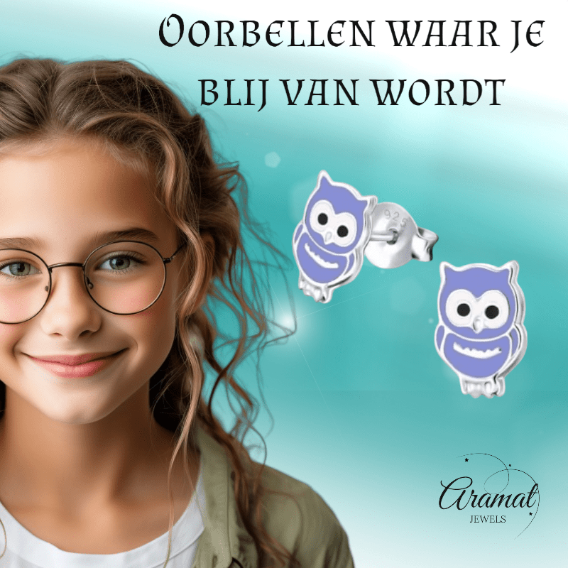 Zilveren Uiltjes Oorbellen Paars 9x7 mm - oor837 - Oorbellen kopen# - 925 Zilver - 9mm - alles