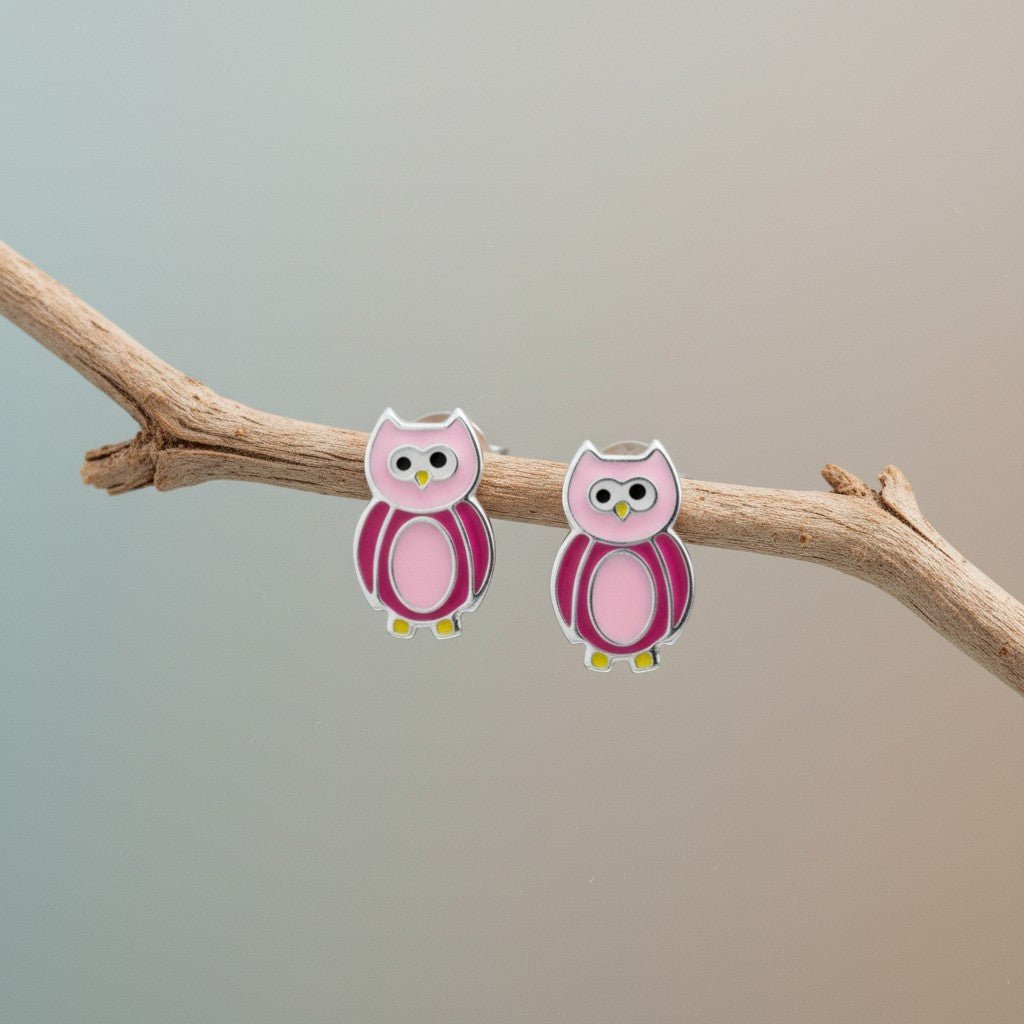 Aramat Jewels pink and silver enamel owl stud earrings for children, 10x6mm.