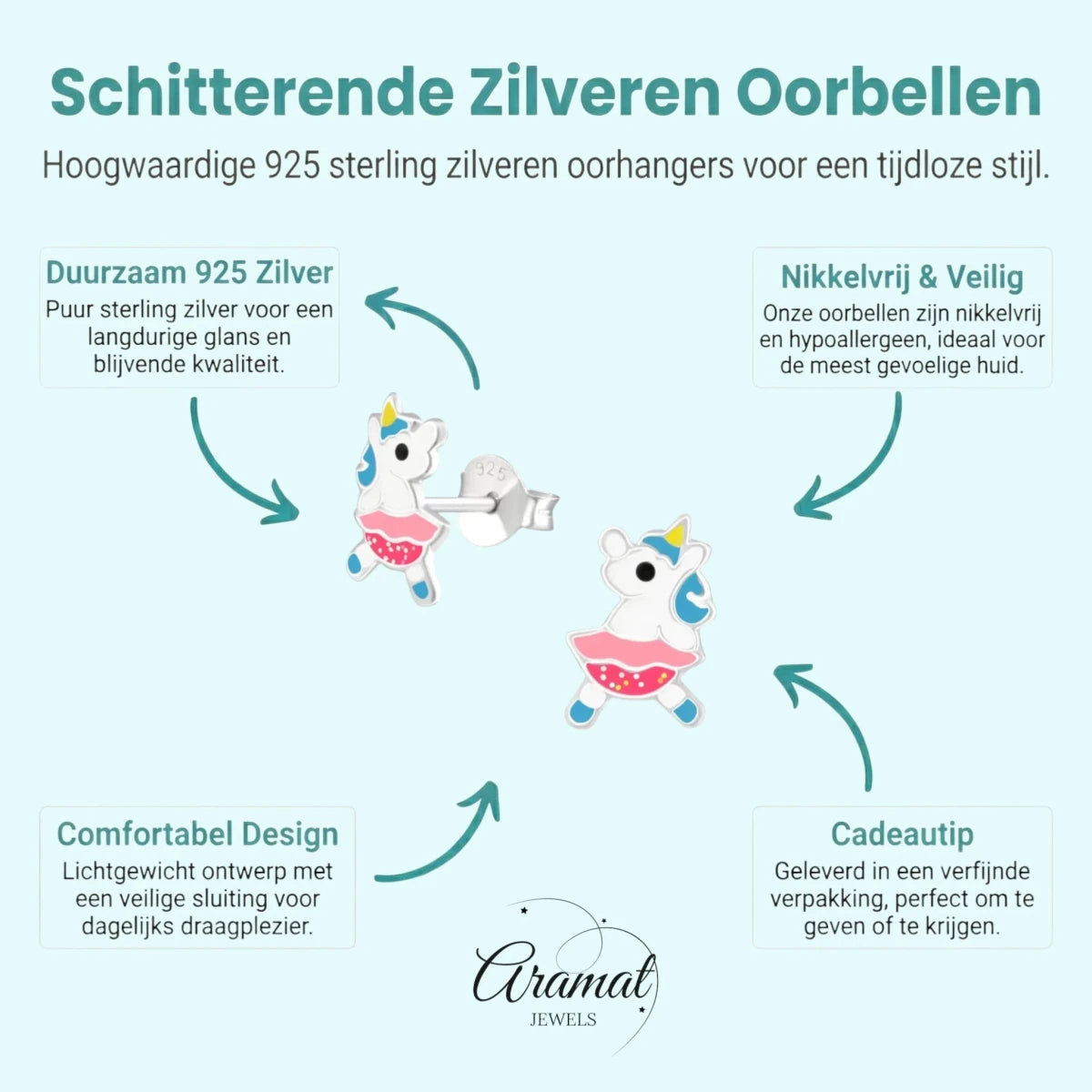 Zilveren Unicorn Oorbellen - Dansende Eenhoorn Cadeautje - Aramat Jewels - Oorbellen - cadeautip