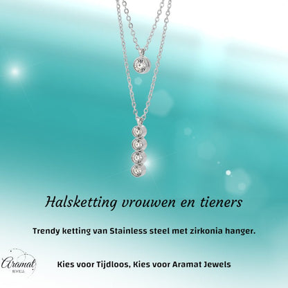Zilverkleurige Aramat Jewels Dubbele Ketting met Zirkonia - Aramat Jewels - Halskettingen - cadeautip