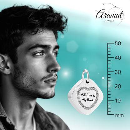 Square steel ash pendant with heart zirconia 30x23mm