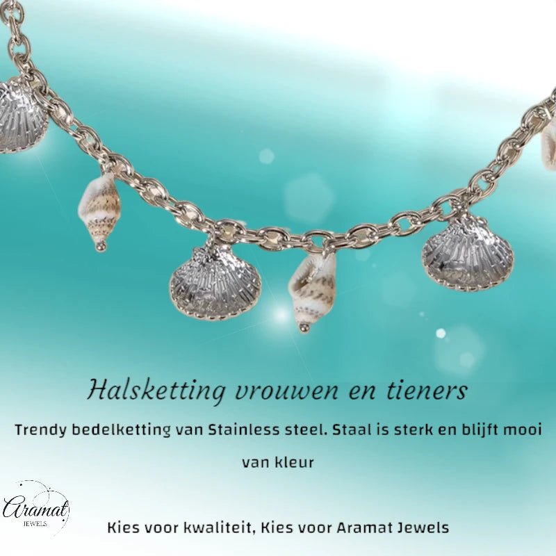 Zilverkleurige bedelketting met echte schelpen – 40+5 cm - ket1184 - 513517 - Halskettingen kopen# - 40cm - alles - Bedelketting