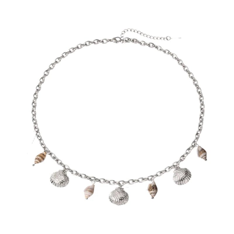 Zilverkleurige bedelketting met echte schelpen – 40+5 cm - ket1184 - 513517 - Halskettingen kopen# - 40cm - alles - Bedelketting