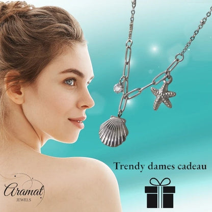 Zilverkleurige bedelketting met zeester, schelp & zirkonia – 40+5 cm - ket1183 - 658906 - Halskettingen kopen# - 40cm - alles - Bedelketting