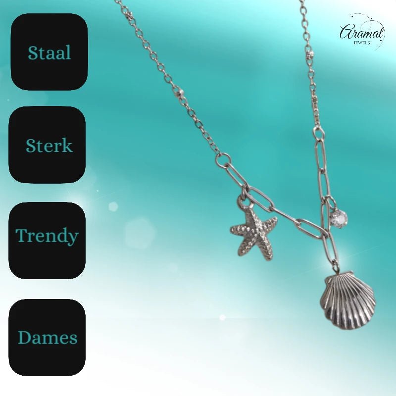 Zilverkleurige bedelketting met zeester, schelp & zirkonia – 40+5 cm - ket1183 - 658906 - Halskettingen kopen# - 40cm - alles - Bedelketting