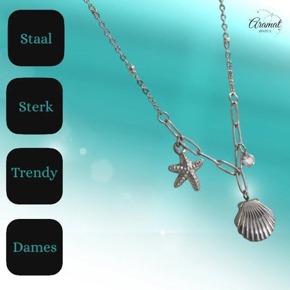 Zilverkleurige bedelketting met zeester, schelp & zirkonia – 40+5 cm - ket1183 - 658906 - Halskettingen kopen# - 40cm - alles - Bedelketting