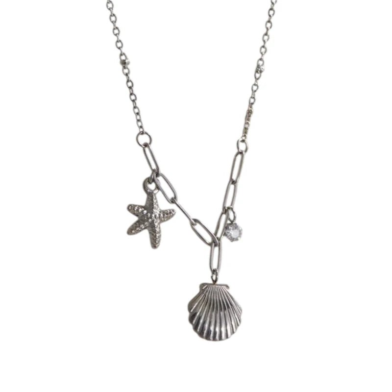 Zilverkleurige bedelketting met zeester, schelp & zirkonia – 40+5 cm - ket1183 - 658906 - Halskettingen kopen# - 40cm - alles - Bedelketting