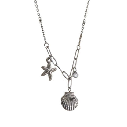 Zilverkleurige bedelketting met zeester, schelp & zirkonia – 40+5 cm - ket1183 - 658906 - Halskettingen kopen# - 40cm - alles - Bedelketting