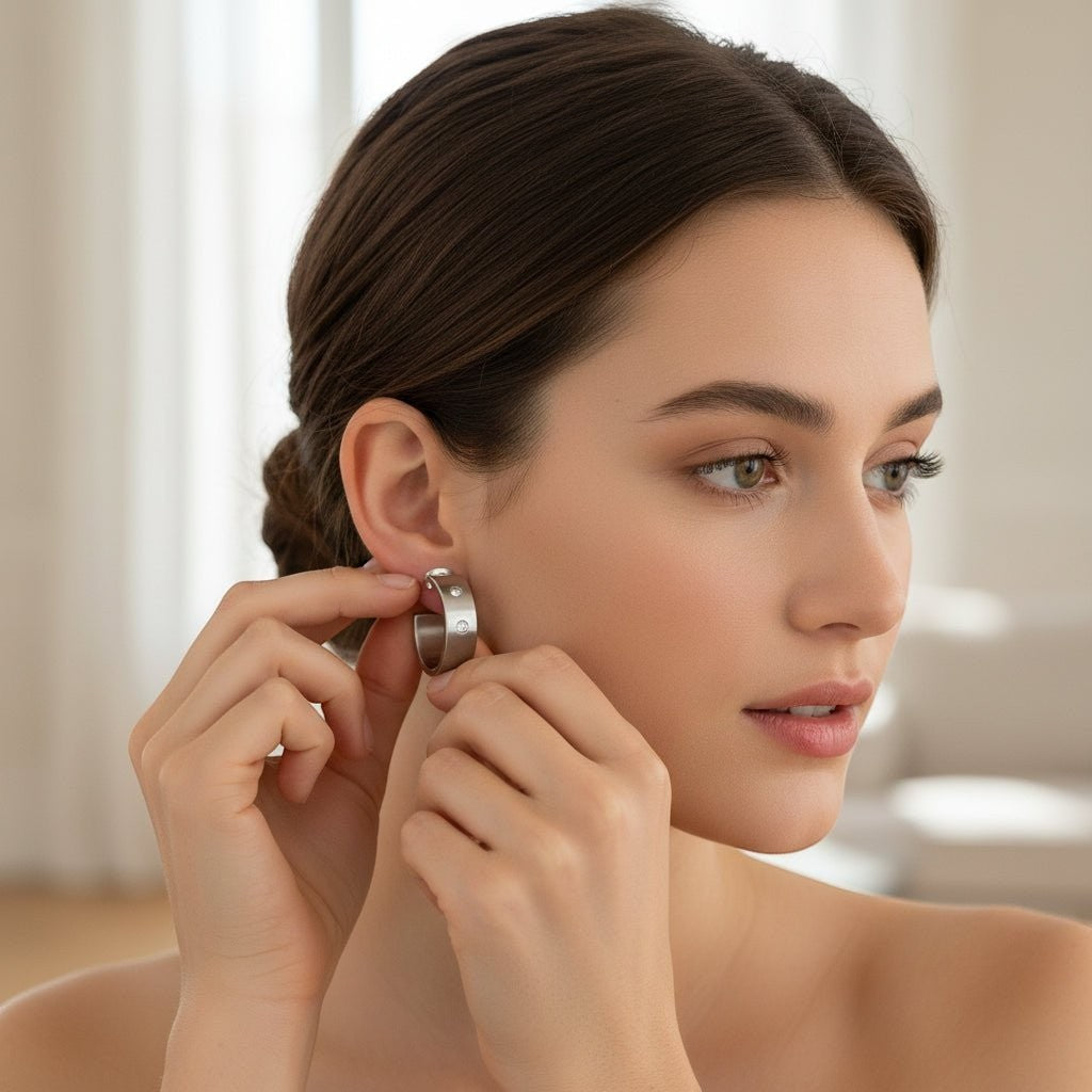 Zilverkleurige Brede RVS Oorringen met Dubbele Zirkonia 23mm - Aramat Jewels - Oorringen - cadeautip