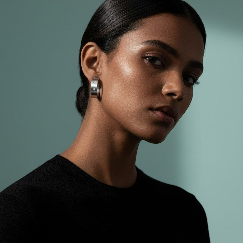 Zilverkleurige Brede RVS Oorringen met Dubbele Zirkonia 23mm - Aramat Jewels - Oorringen - cadeautip