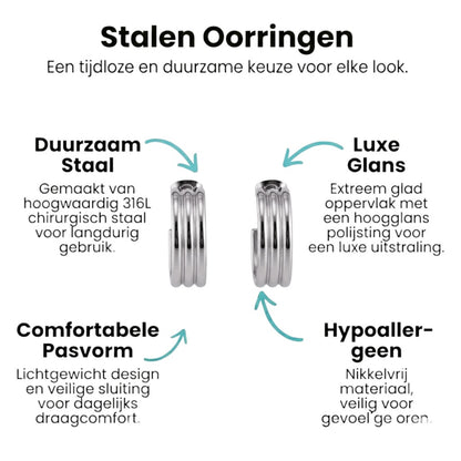 Zilverkleurige Halve RVS Oorringen met Streeprelief 23x7mm - Aramat Jewels - Oorringen - cadeautip