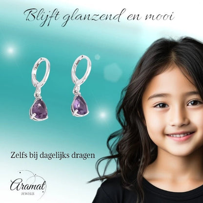 Zilverkleurige Kinder Oorringetjes – Paars Zirkonia – 25x6mm - oor6333 - 66136 - Oorringen kopen# - 10mm - alles - cadeau
