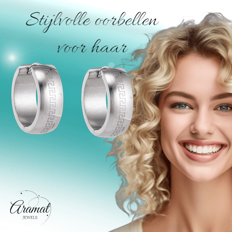 Zilverkleurige Oorringen - RVS - Grieks Motief - Uniseks - oor5790 - Oorringen kopen# - 13mm - alles - cadeau