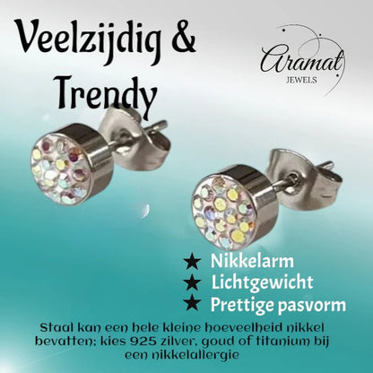 Zilverkleurige oorstekers met AB kristal – 6 mm - oor3082 - Oorbellen kopen# - 6mm - AB - AB Transparant