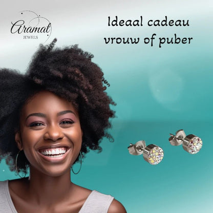 Zilverkleurige oorstekers met AB kristal – 6 mm - oor3082 - Oorbellen kopen# - 6mm - AB - AB Transparant